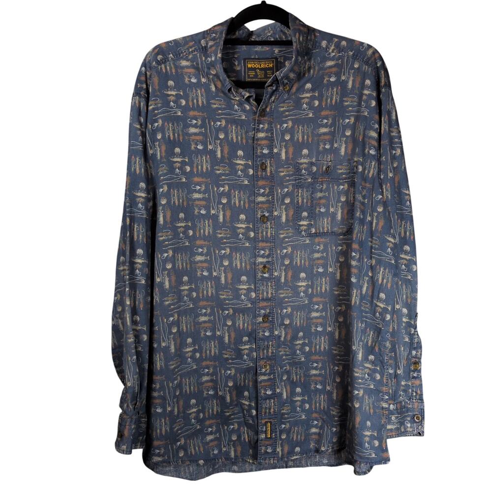 VTG Woolrich Men's Shirt Fly Fishing Lure Trout Blue Button Down Long Sleeve 2XL